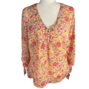 Coldwater Creek Floral Tie Cuff Sleeve Popover Shirt Size M